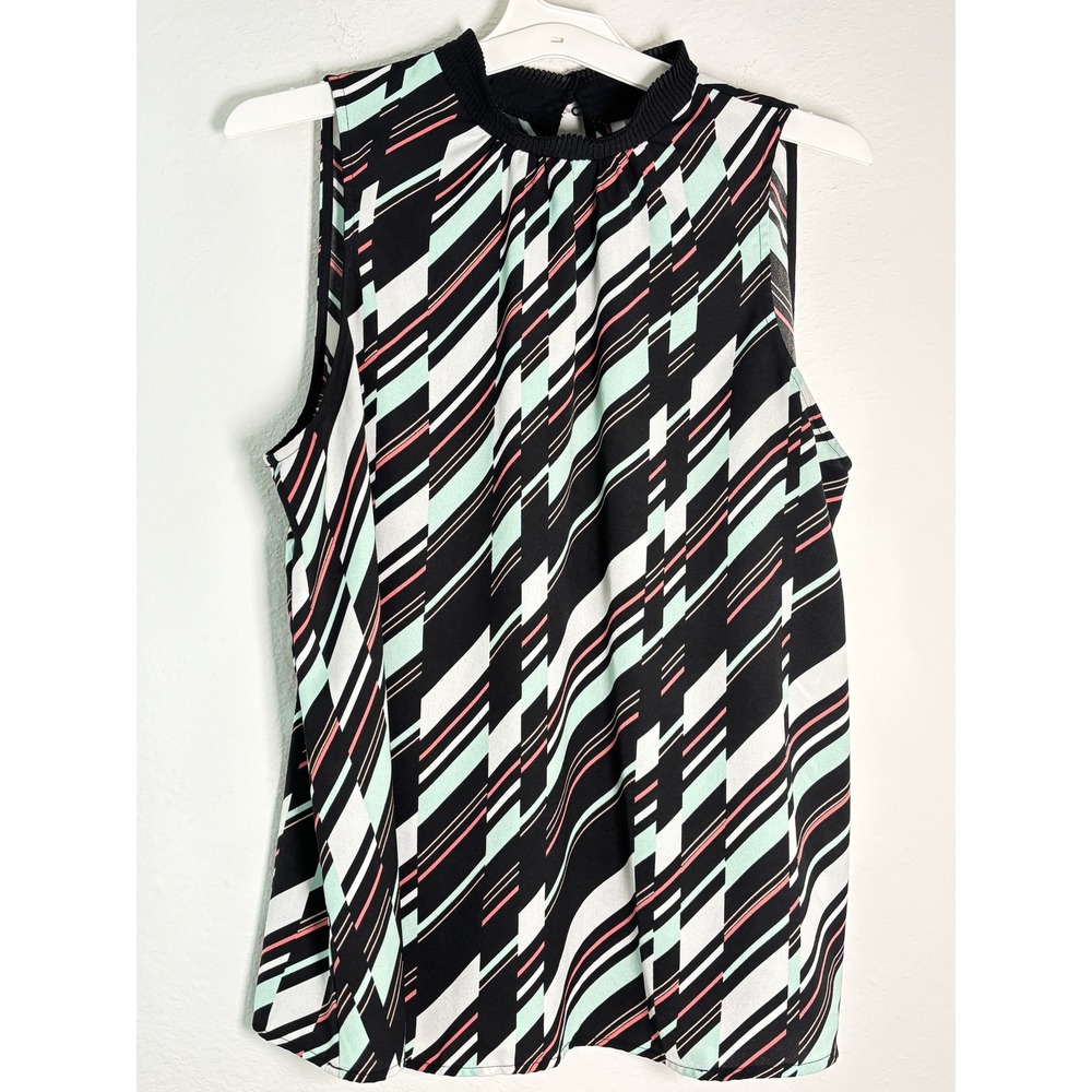 Elle Sleeveless Mock Neck Blouse Large Black‎ Mint Pink Geometric Stripe Top